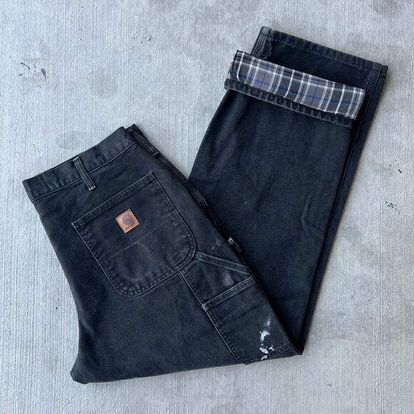 Vintage Y2K faded black carhartt flannel lined work wear carpenter pants - Picture 1 of 9